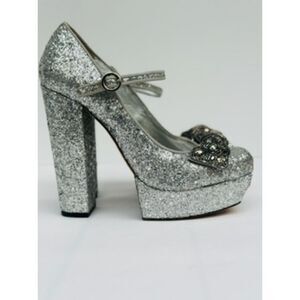 Alice + Olivia Silver Glitter Platform Heels Size 39 Beaded Bow Pumps